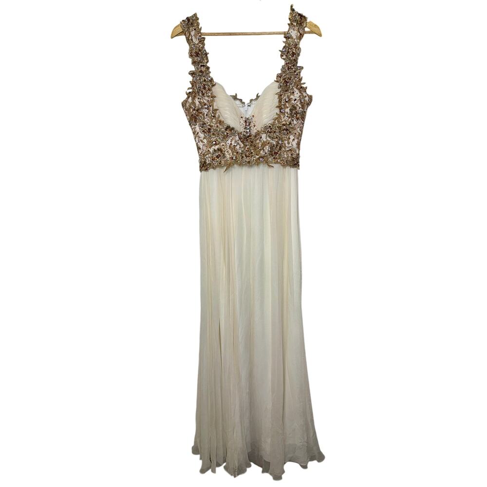 NWT Mandalay White Silk Chiffon Gold Beaded Sequin Long Evening Gown Dress Sz 10